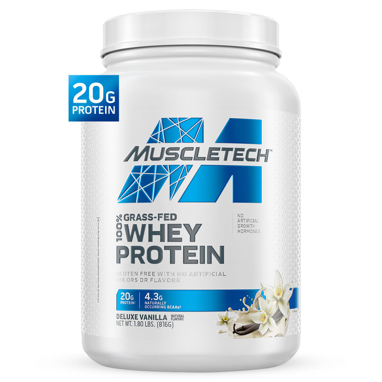 Muscletech Grass-Fed Whey Protein Powder (Deluxe Vanilla, 1.8LB) - Whey Protein Smoothie & Milk Shake Mix Supports Muscle Gain & Recovery - 20g of Wh