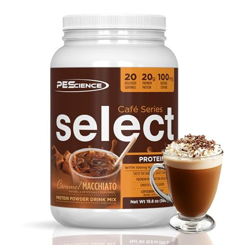 PEScience Select Cafe Protein Coffee Flavored Powder, Caramel Macchiato, 100mg Caffeine, 20g Iced Protein Coffee Powder or Creamer, 20 Servings