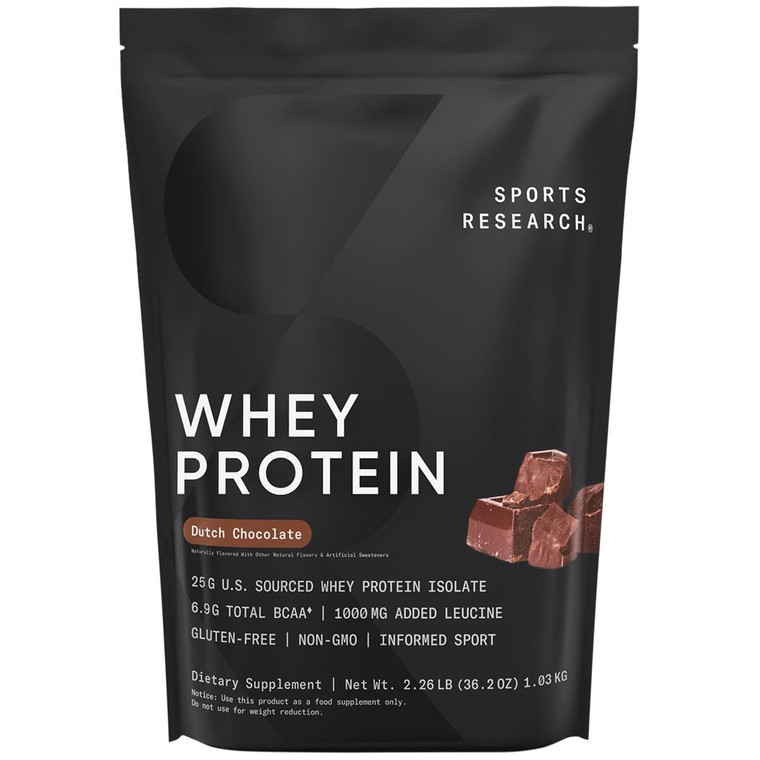 Sports Research Whey Protein Isolate - Sports Nutrition Protein Powder 25g per Serving - 2.27lb Bag Whey Protein - Dutch Chocolate Bulk Protein Powde