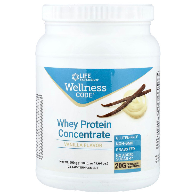 Life Extension Wellness Code Whey Protein Concentrate 20g Muscle Growth & Immune Health - Sourced From Grass-Fed, Free-Range, Hormone-Free Cows, Non-