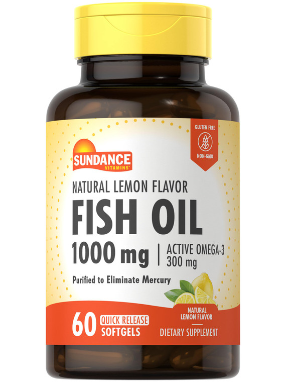 Sundance Fish Oil Omega 3 Supplement | 1000mg | 60 Softgels | with EPA & DHA | Natural Lemon Flavor | Non-GMO and Gluten Free