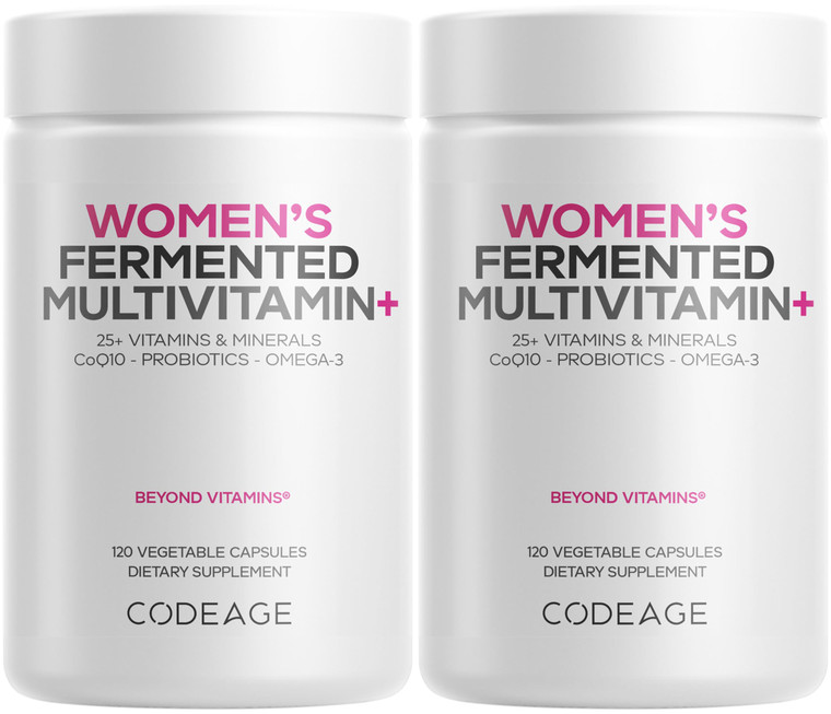 Codeage Womens Daily Multivitamin, 25+ Vitamins & Minerals, Fermented, Organic Whole Foods, Probiotics Supplement - Vitamin A, B, C, D, E & K, Omega