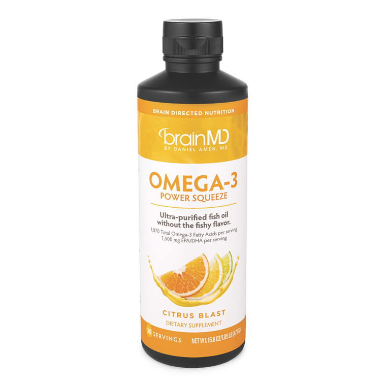 BRAINMD Dr Amen Omega-3 Power Squeeze, Citrus Blast - 16.8 oz - Fish Oil - Supports Cardiovascular, Brain & Immune System Health - Gluten Free - 30 S