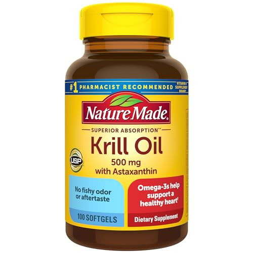 Nature Made Superior Absorption Krill Oil 500mg with Astaxanthin and Phospholipids, Omega 3 for Heart Health Support, Antarctic Krill Oil Supplement,