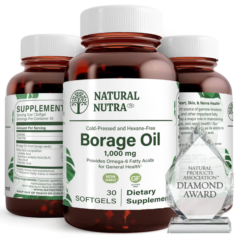 Natural Borage Oil Supplement  Rich in Gamma-linolenic Acid (GLA), A Potent Omega-6 Essential Fatty Acid Known for Supporting Skin, Nerve, and Joint