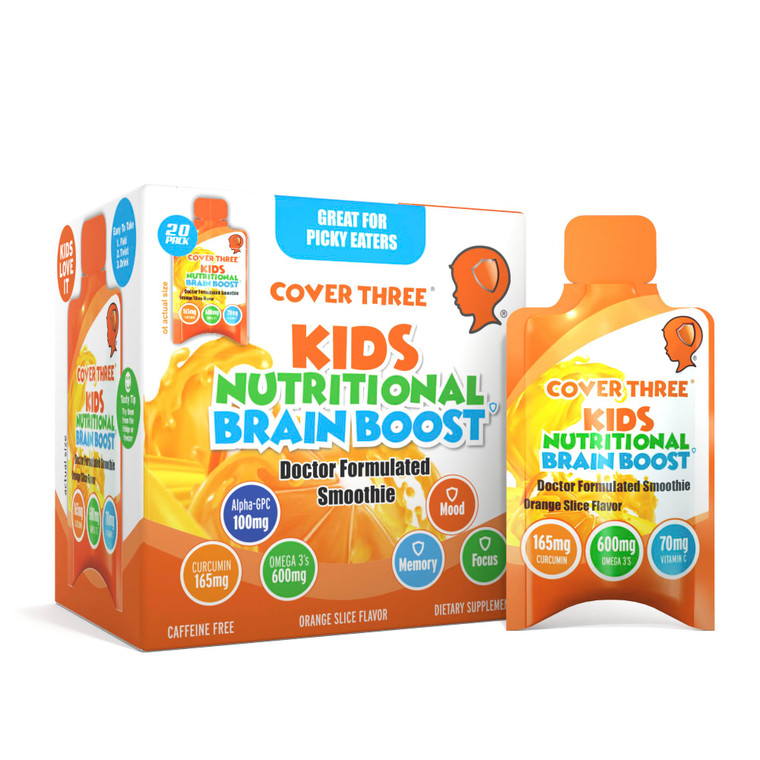 Cover Three Supplements for Kids Brain Supplement Smoothie, Omega 3 Liquid Childrens DHA Fish Oil, Kids Focus and Attention, Emotional Support, 20 Po