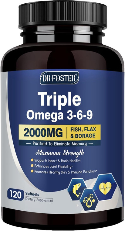 Triple Omega 3-6-9 Fish Oil 2000mg with Vitamin E - EPA & DHA Fatty Acids Supplement - Supports Heart, Brain, Eye, Skin & Immune Health - Includes Fl