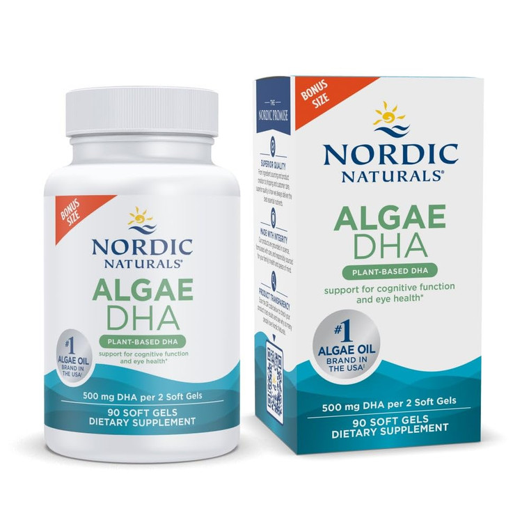Nordic Naturals Algae DHA - 90 Soft Gels - 500 mg Omega-3 DHA - Certified Vegan Algae Oil - Plant-Based DHA - Brain, Eye & Nervous System Support - N