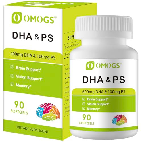 OMOGS Algae DHA - 600 mg Omega-3 DHA Softgels, with Phosphatidylserine & Walnut Oil, Supports Healthy Brain Function, Vision, Eye & Memory, Gluten Fr