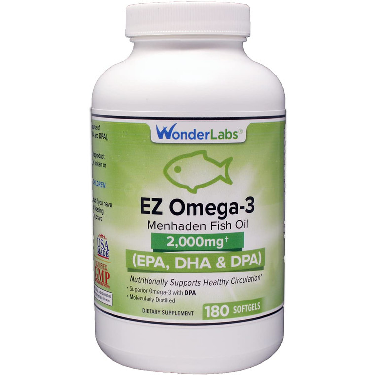 Wonder Laboratories EZ Omega-3 Atlantic Menhaden Fish Oil Supplement 2000 mg, Burpless, Made in The USA, Perfect Balance of EPA+ DHA + DPA 180 Softge
