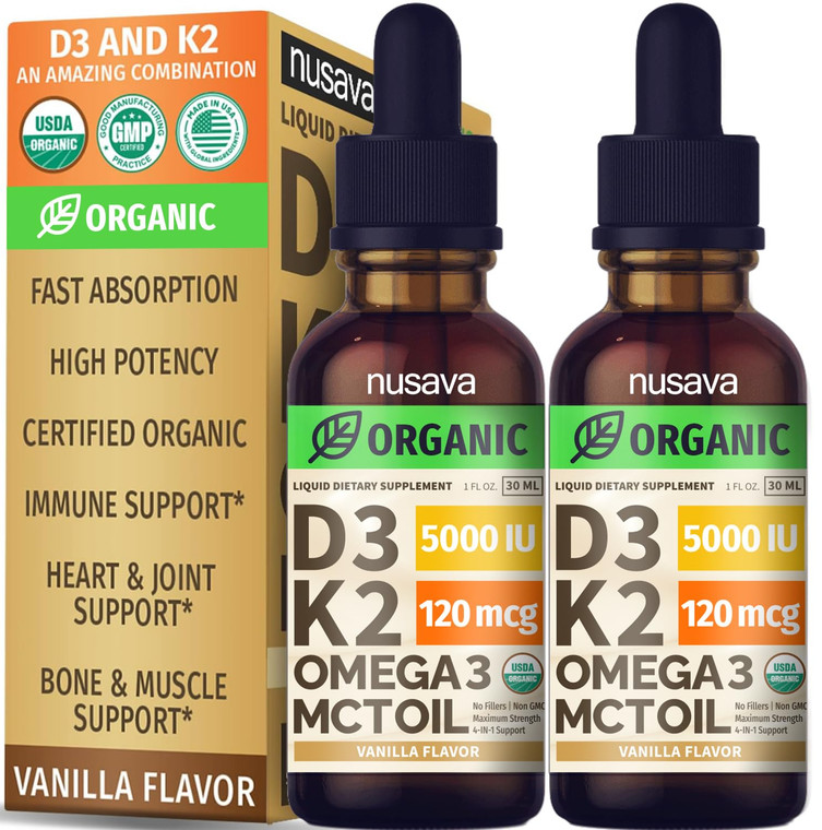 (2 Pack) Organic Vitamin D3 K2 Drops with MCT Oil Omega 3, 5000 IU - Maximum Strength Vitamin D Liquid, No Fillers, Non-GMO Liquid D3 for Faster Abso