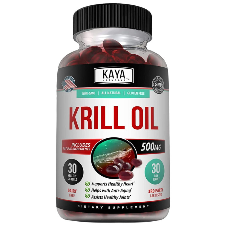Kaya Naturals - Antarctic Krill Oil 500mg with Omega 3, EPA, DHA, Phospholipids & Astaxanthin Supplement - Brain & Health Vitamin - Anti Aging Supple