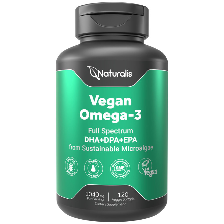 Naturalis Vegan Omega 3 DHA, EPA & DPA from Algae | Vegan Society Certified, Sustainably Sourced, True Full Spectrum | 120 Veggie Softgels (Carrageen