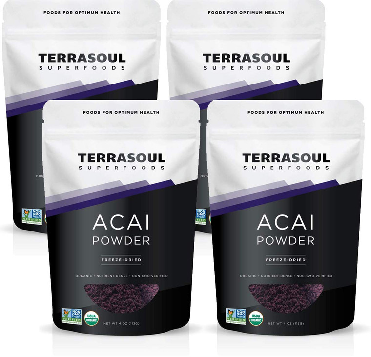 Terrasoul Superfoods Organic Acai Berry Powder, 16 Oz (Pack of 4), Freeze-Dried for Freshness, Omega Fats Boost for Smoothie Bowls, and Antioxidant-P