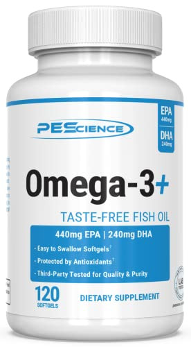 PEScience Omega-3+, 440mg EPA and 240mg DHA Fish Oil Supplement, Easy to Swallow Small Size Softgel, No Taste, 60 Servings
