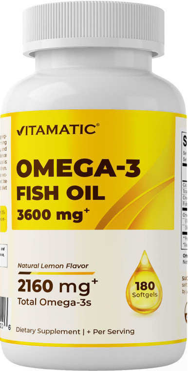 Vitamatic Triple Strength Omega 3 Fish Oil 3600mg Per Serving, 2160mg Omega 3 Fatty Acids, 1296mg EPA + 864mg DHA, Burpless Lemon Flavor, 180 Softgel