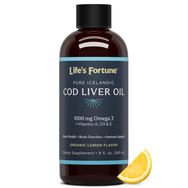 Life's Fortune Cod Liver Oil Liquid Organic Lemon Flavor (8 Oz) 1,000 mg Omega + Vitamin A, E & D3 - Supports Immune Health - 100% Fish Oil Supplemen