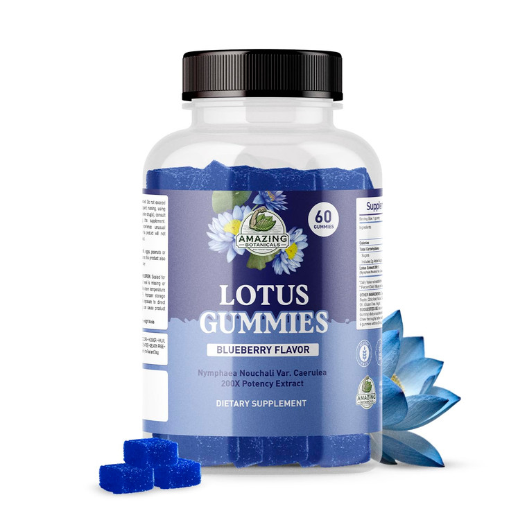 Amazing Botanicals Blueberry Lotus Flowers Gummies  Premium Relaxation & Calm Support  Vegan, Non-GMO, Gluten-Free Herbal Supplement, 250MG - Berry