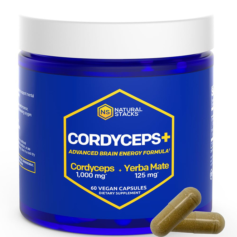Cordyceps Mushroom Capsules - 1000mg Cordyceps Extract & 125mg Yerba Mate Extract - 100% Fruiting Body Mushroom Supplement - Supports Brain Energy &