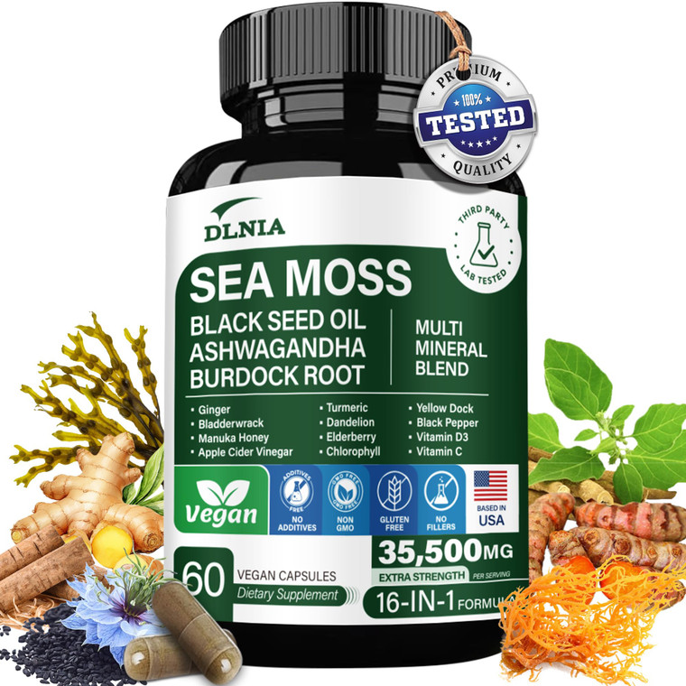 16-in-1 Organic Sea Moss Gel Alternative Capsules  Superfood Blend with Ashwagandha, Black Seed Oil, Turmeric, Bladderwrack, Burdock, Elderberry, Ma