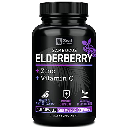 Zeal Naturals Max Strength Elderberry Capsules - 500mg, 100 Capsules | Sambucus Black Elderberry, Vitamin C, and Zinc | 3-in-1 Immune Support Supplem