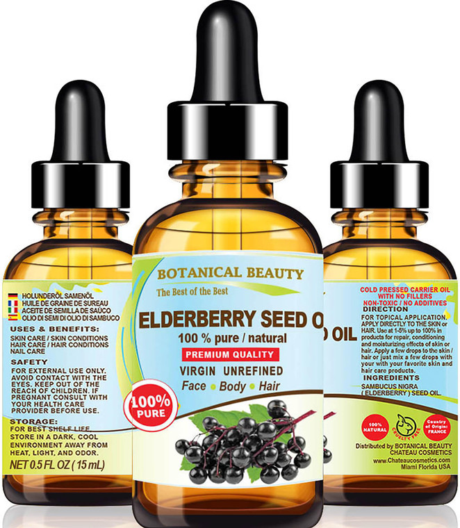 Botanical Beauty Belgian Elderberry Seed Oil Sambucus Nigra 100% Pure Natural Virgin Unrefined Cold Pressed Carrier Oil 0.5 Fl. Oz.- 15 ml for FACE,