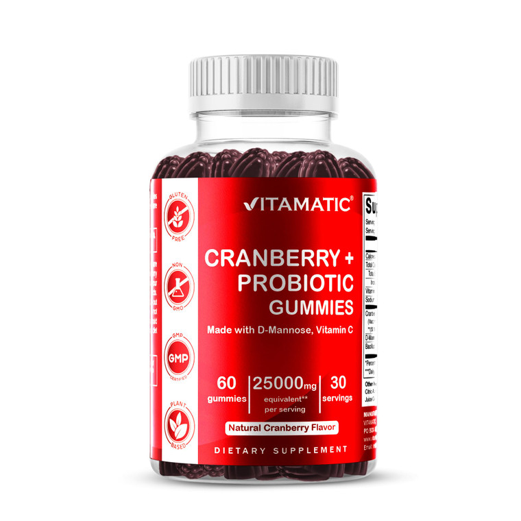 Vitamatic Vegan Cranberry Gummies with D-Mannose, Probiotics & Vitamin C  25,000 mg Equivalent per Serving (from 50:1 Extract 500 mg)  60 Count  U
