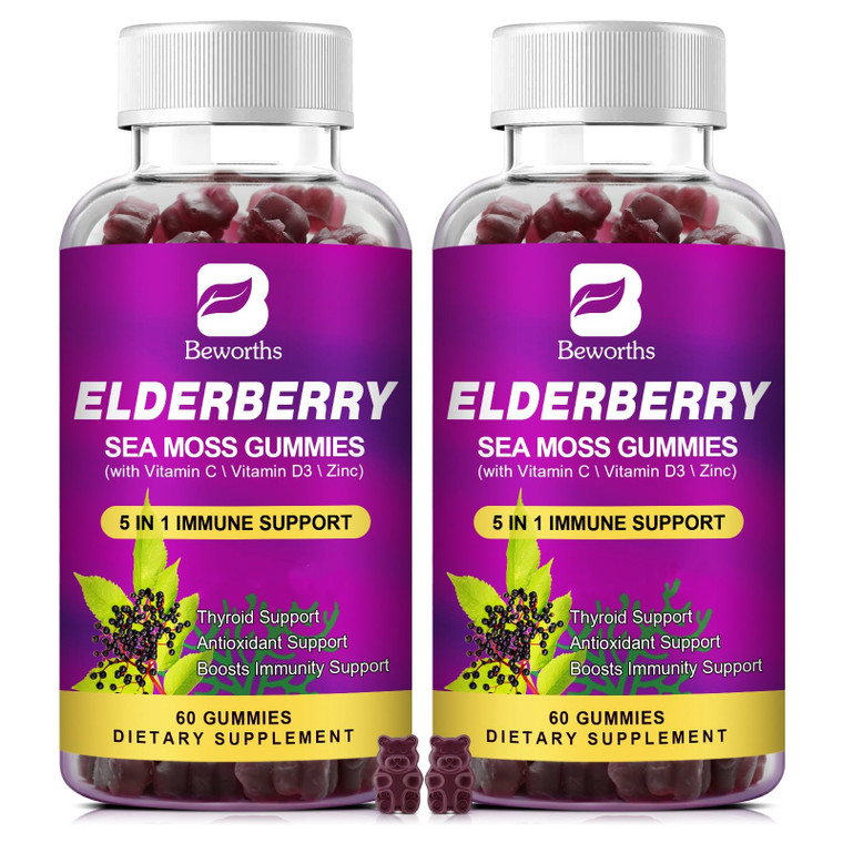 B BEWORTHS (2 Pack Elderberry Gummies & Irish Sea Moss, Organic Sambucus Elderberry Gummy with Seamoss, Zinc, Vitamin C, D3, Multivitamin Elderberry