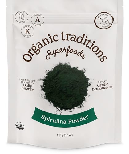 Organic Traditions Spirulina Powder Organic, Plant-Based Green Superfood for Smoothies, Rich Algae Powder for Energy Support, Easy Mixing Spirulina f