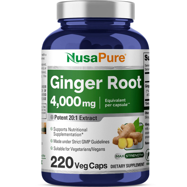 NusaPure Ginger Root Capsules 20:1 Extract, 200 mg Equivalent to 4,000mg per Veggie Caps | 220 Count | Non-GMO & Vegan