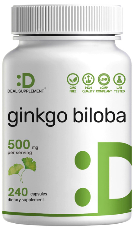 DEAL SUPPLEMENT Ginkgo Biloba 500mg Per Serving, 240 Capsules, 4 Month Supply  Grown in Northern Asia  Extra Strength, Promotes Brain Function