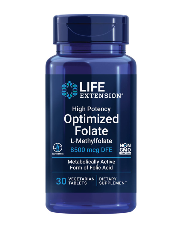 Life Extension High Potency Optimized Folate  L-methylfolate  Folic Acid, 8500 mcg DFE  Heart & Brain Support, Healthy Homocysteine Levels  Glute