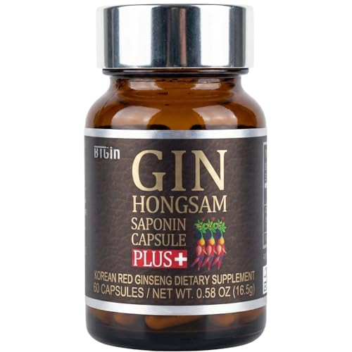 BTGIN Gin Hongsam Saponin Capsule Plus Korean Red Panax Ginseng Extract - Rg3 & Compound K Enriched Supplement - Caffeine Free Extra Strength Energy,