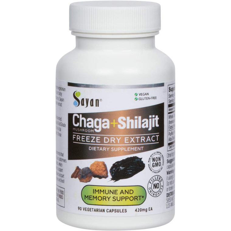 Sayan Siberian Chaga Mushroom Extract with Shilajit 90 Capsules/420mg ea. Immune and Digestion System Support  Fulvic Acid Supplement  Energy & Cl