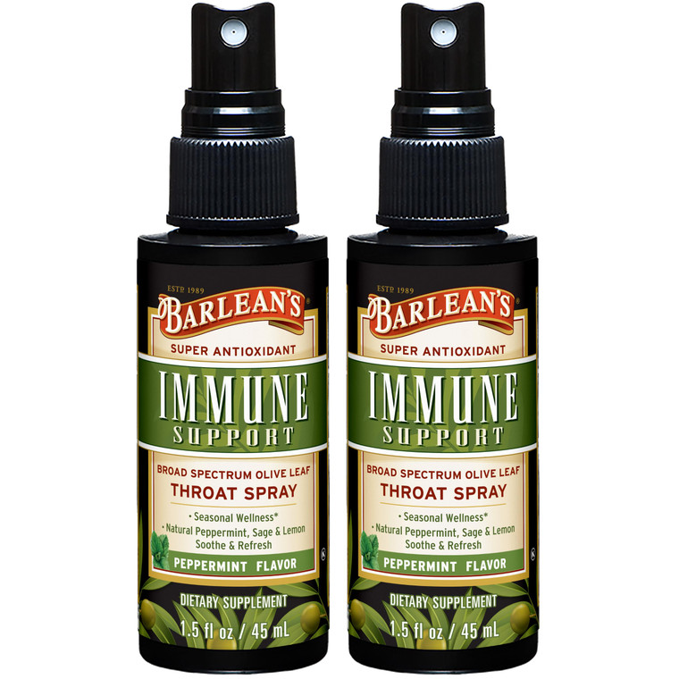 Barlean's 2 Pack Olive Leaf Complex Throat Spray with Peppermint, Lemon, and Sage for Itchy Throat Relief, Immune Support Supplement, Liquid Blended