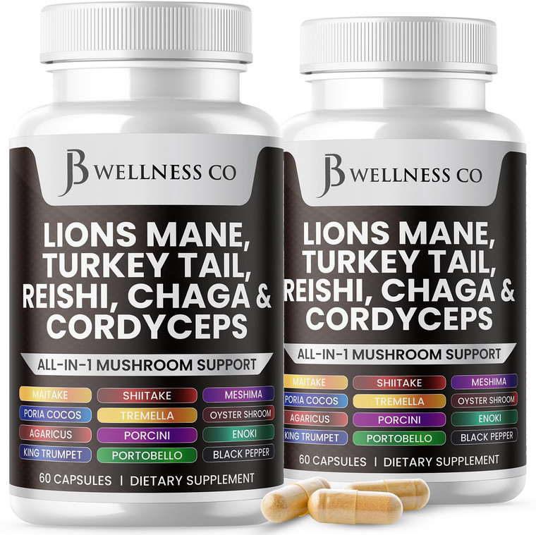 JB Wellness Co Lions Mane Supplement Cognitive Support, Immune Health with Turkey Tail 20in1 Mushroom Reishi Cordyceps Chaga with Marshmallow Root -