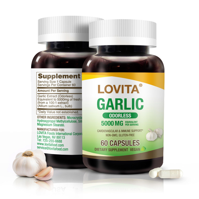 LOVITA Odorless Garlic Capsules, 5000mg Fresh Garlic Equivalent, 1.25% Allicin Extract, Supports Heart, Blood Pressure, Cholesterol & Immune System,