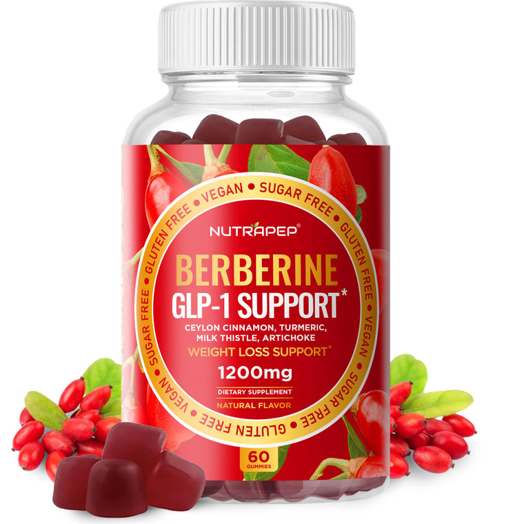 NutraPep Premium Berberine HCl GLP-1 Support Weight Loss Gummies (1200mg) with Ceylon Cinnamon Turmeric Milk Thistle Artichoke - Sugar Free Gluten Fr