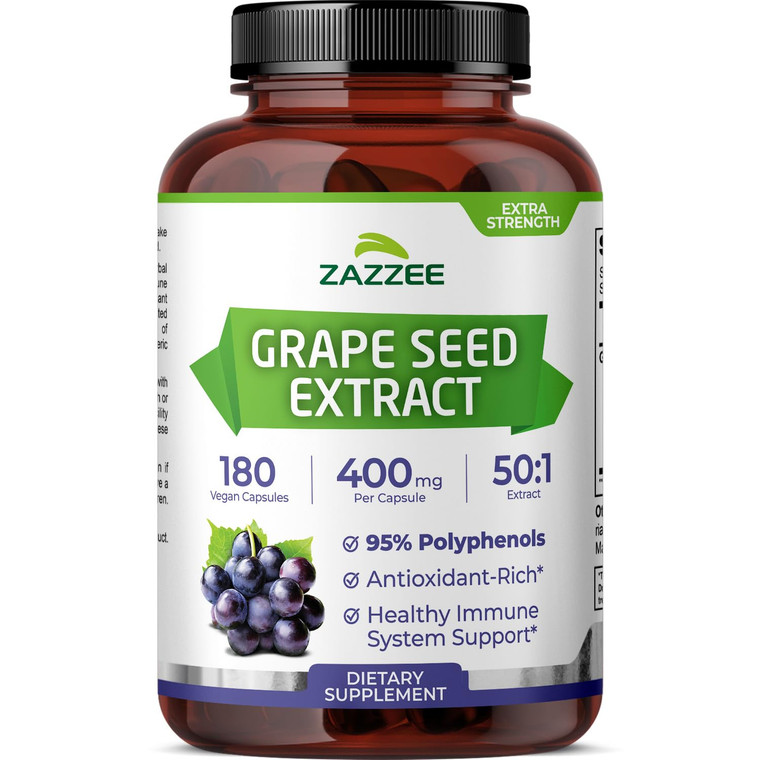 Zazzee High Strength Grape Seed 50:1 Extract, 180 Vegan Capsules, 95% Polyphenols, 400 mg per Capsule, 6 Month Supply, Standardized and Concentrated