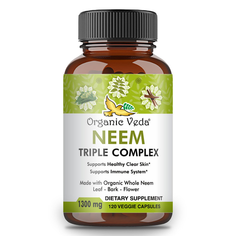 Organic Veda Neem Capsules Triple Complex Neem Leaf, Bark & Flower Extracts - Herbal Supplement for Acne, Cleanse & Clear Skin Health - Boost Immune,