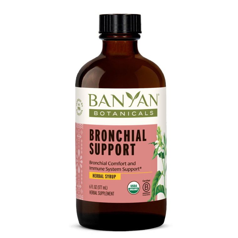 Banyan Botanicals Organic Bronchial Support Syrup  Kid-Friendly Chest & Lung Support  Soothing Herbal Cough & Throat Syrup with Tulsi, Licorice & G