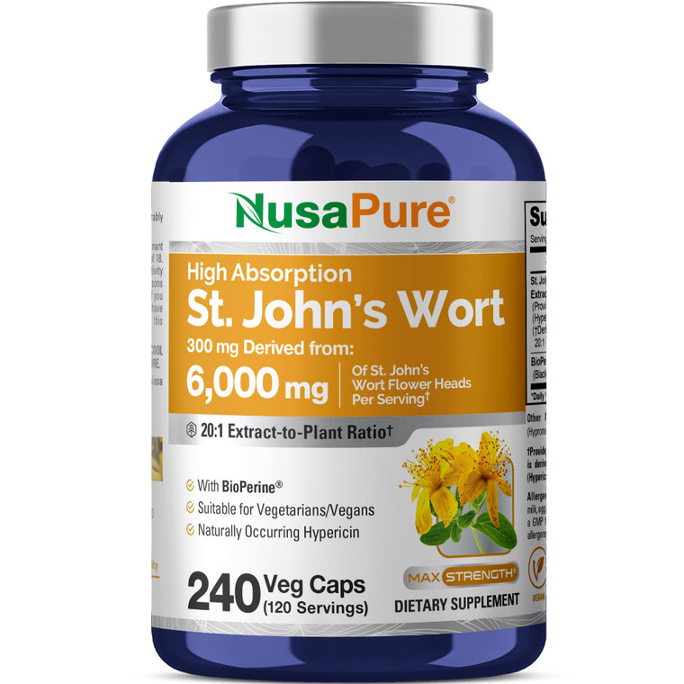 NusaPure St. John's Wort 20:1 Extract, 300 mg Equivalent to 6,000mg 240 Veggie Capsules (Vegetarian, Non-GMO & Vegan) Bioperine