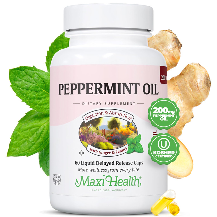 Maxi Health Peppermint Oil Capsules  Organic Ginger Oil & Fennel Delayed Release Capsule  Ingestible Dietary Kosher Peppermint Supplement for Diges