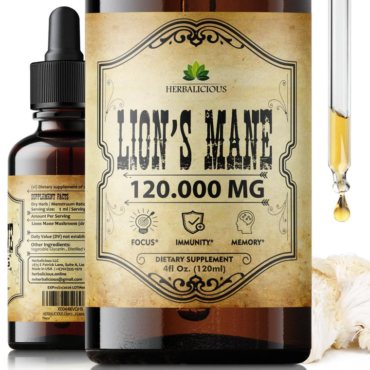 Lion's Mane Extract 4 fl oz Liquid  Natural Mushroom Supplement Tincture for Brain, Memory, Mental Clarity & Focus  Immune Support  High Potency F