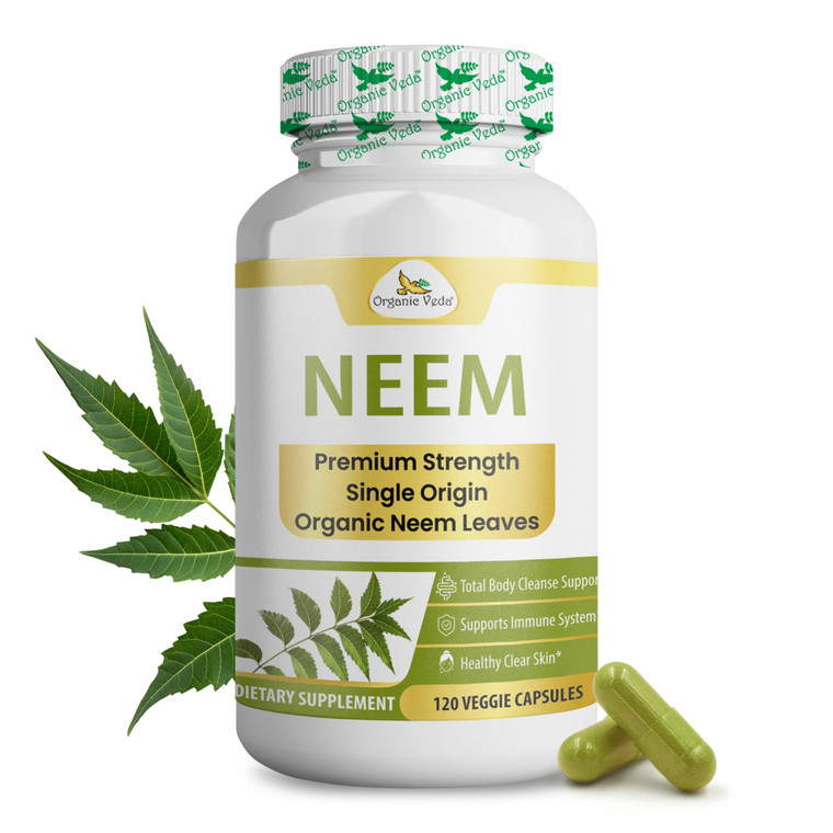 Organic Veda Neem Capsules  Herbal Supplement for Clear Skin, Immune & Gut Health For Men & Women - Single Origin True Green Neem Leaf Powder - Puri