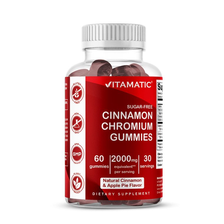 Vitamatic Sugar-Free Chromium Gummies with Ceylon Cinnamon  2000 mg Equivalent Per Serving (from Extract 83 mg)  Non-GMO, Gluten-Free  60 Vegan Gu
