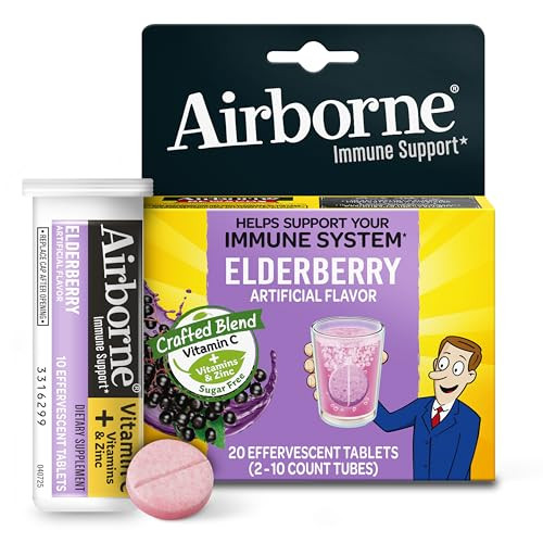 Airborne Elderberry Extract + Vitamin C 1000mg (per Serving) - Effervescent Tablets (20 Count in a Box), Gluten-Free Immune Support Supplement, with