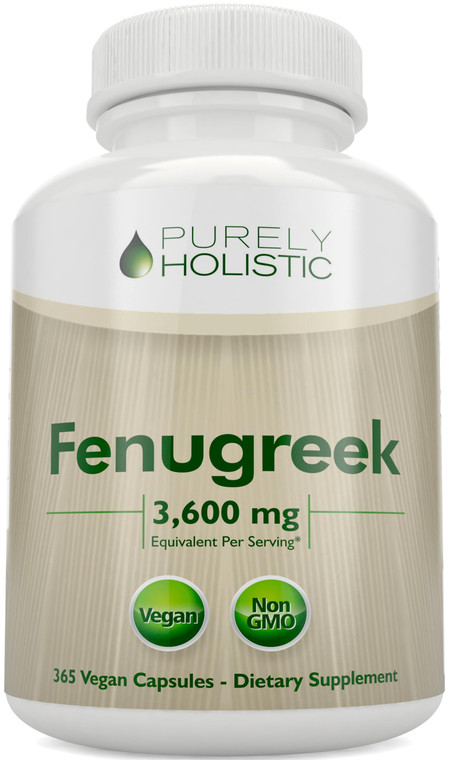 Purely Holistic Fenugreek Capsules 3600mg - 365 Vegan Capsules - Lactation Supplement - from Fenugreek Seeds - Concentrated x10 Extract - Non GMO for