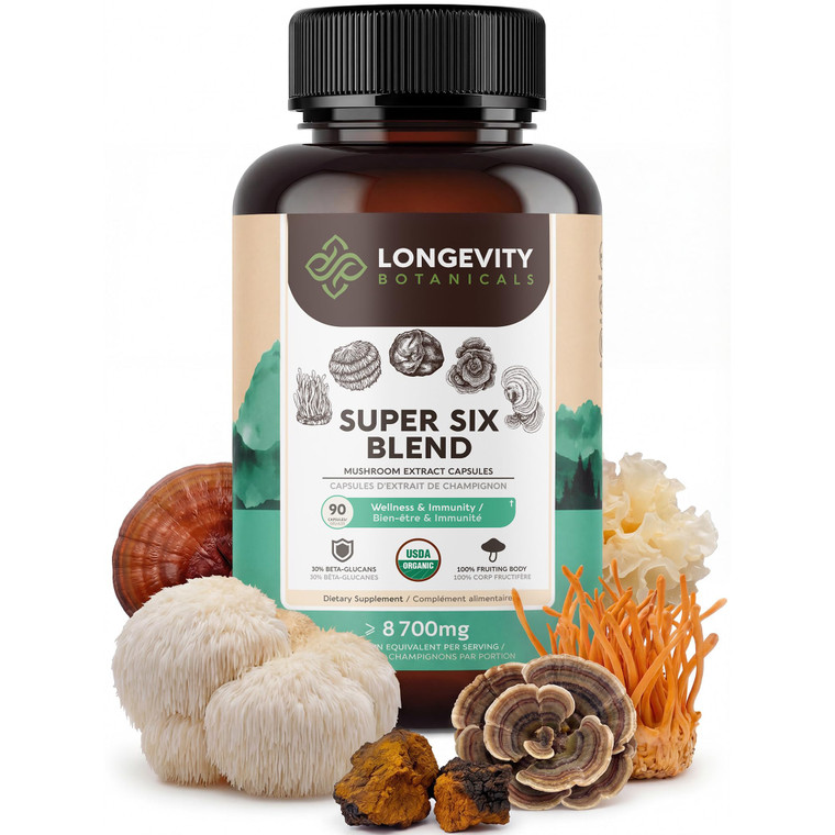 Organic Super Six Mushroom Blend Capsules Supplement (90) | Fruiting Body Extract Complex | Lions Mane, Turkey Tail, Cordyceps, Reishi, Chaga & Treme