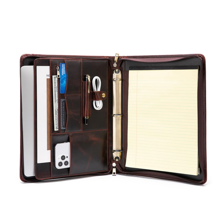 YIWEN Handmade Leather 3 Ring Binder Portfolio with Front Pocket, Zippered Padfolio for 8.5 x 11 Notepad and 13" Tablet, Professional Business Trave